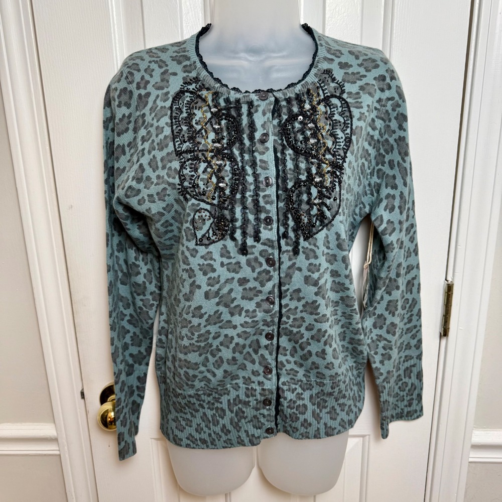 Y2K Cici Tash Beaded‎ Leopard Cardigan Small Blue Embellished NWT Boho Glam
